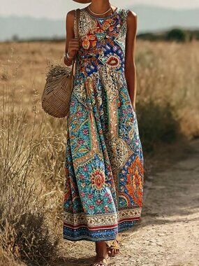 Sunset Colored Boho Free-Spirit Sleeveless Sundress for Summer & Fall